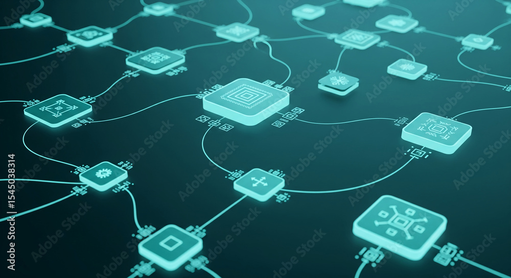 Poster abstract 3d rendering of a teal network, showing interconnected nodes and data flow, symbolizing tec