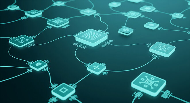 Abstract 3D rendering of a teal network, showing interconnected nodes and data flow, symbolizing technology, connectivity, and complex systems