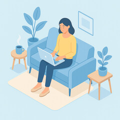 Remote work from home – isometric vector of woman on sofa with laptop