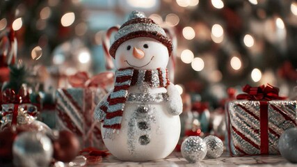 Festive snowman decoration with gifts and lights in a cozy holiday setting - Powered by Adobe