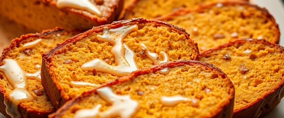 Slices of warm pumpkin bread, glazed and golden brown,  treat,  rustic