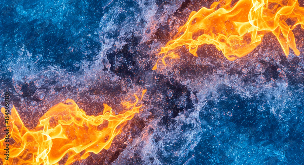 Poster abstract image of orange flames and blue ice, contrasting textures creating a dynamic visual, symbol