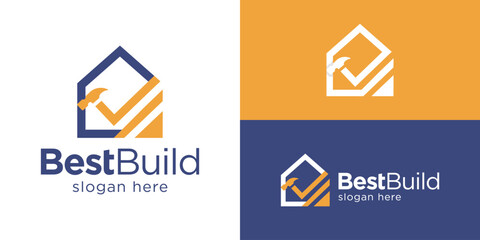 Creative simple best build logo template. Home with checkmark and hammer logo design vector illustration. © Hi_std