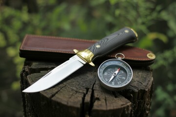 Hunting knife and compass on a stump in the forest