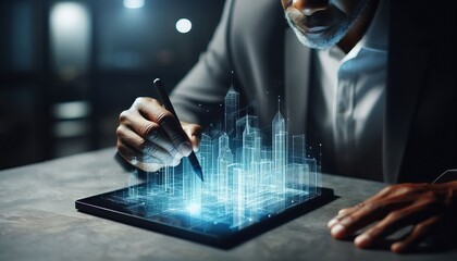 Businessman uses digital tablet with world map interface for global business communication and data analysis