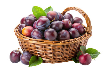 Abundance of Plums in Wicker Basket Isolated on White Background Still Life