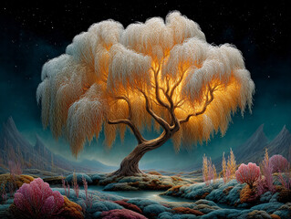 surreal, fantastical scene featuring a tree with branches that resemble swirling clouds or feathers, set against a starry night sky. The ground is covered with an array of colorful, intricately detail
