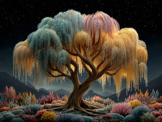 surreal, fantastical scene featuring a tree with branches that resemble swirling clouds or feathers, set against a starry night sky. The ground is covered with an array of colorful, intricately detail