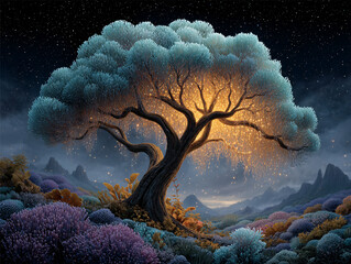 surreal, fantastical scene featuring a tree with branches that resemble swirling clouds or feathers, set against a starry night sky. The ground is covered with an array of colorful, intricately detail