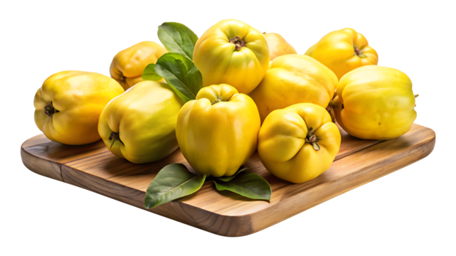 A vibrant pile of ripe quinces on a rustic wooden serving board