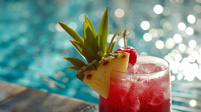 red cocktail by tropical pool in summer sunlight on vacation