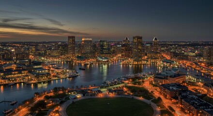 Nightscape of Baltimore's Inner Harbor: A stunning aerial view at twilight