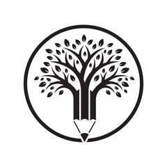 Naklejka premium Black Tree Shaped as Pencil Inside Circle Logo leaves