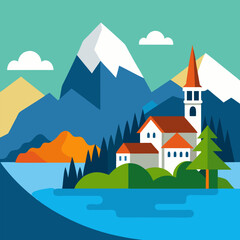 Fototapeta premium Lake mountains with mount vector landscape background.