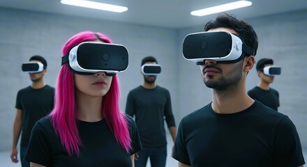 Young persons wearing VR headset in empty room, composition expressing psychological detachment, digital isolation, and virtual escapism, modern concept of technology replacing real connection