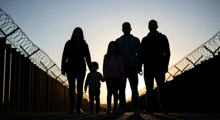 Blurred silhouette of family standing near abstract border fence, conceptual image of migration, separation and uncertain future, emotional visual metaphor for refugee crisis and global displacement
