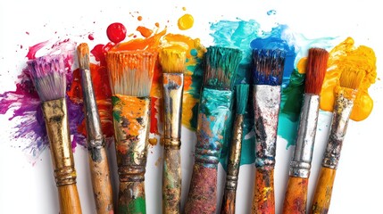 Fototapeta premium Colorful Paint Brushes and Splashes on White Background, Generative Ai