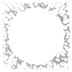 A high-contrast abstract 3D illustration featuring a glossy silver, amorphous shape forming a square frame with a central void. Its fluid, almost corrosive texture provides a unique visual impact.