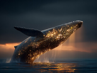 majestic whale floating above the water, with a mystical golden glow emanating from its back, creating a surreal and enchanting atmosphere. The setting sun casts a warm glow on the scene
