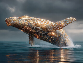 majestic whale floating above the water, with a mystical golden glow emanating from its back, creating a surreal and enchanting atmosphere. The setting sun casts a warm glow on the scene