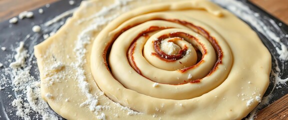 Soft, spiraled cinnamon roll dough before baking, cinnamon, ingredient
