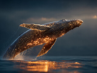 majestic whale floating above the water, with a mystical golden glow emanating from its back, creating a surreal and enchanting atmosphere. The setting sun casts a warm glow on the scene