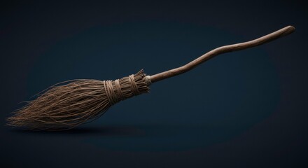 Rustic broom isolated on dark background, perfect for whimsical tales and fantasy