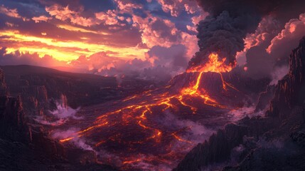 Fototapeta premium Dramatic Volcanic Eruption Scene at Sunset with Lava Flowing into a Volcanic Valley