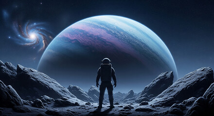 Astronaut on alien planet, gazing at a large blue exoplanet and a spiral galaxy. Scene evokes exploration, discovery, and the vastness of space