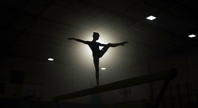 Silhouette of a focused gymnast performing a balance beam routine with precision