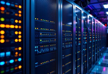 Sleek server rack with glowing lights, data cables, and network connections,  cables,  digital asset