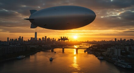 Spectacular aerial view featuring a blimp over an urban landscape during sunset