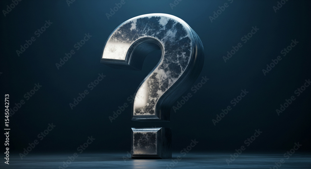 Poster metallic question mark on dark background, 3d render, symbolizing inquiry, uncertainty, or problem-s