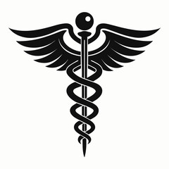 Caduceus health symbol Asclepius's Wand icon black color, silhouette, vector, illustration on white.
