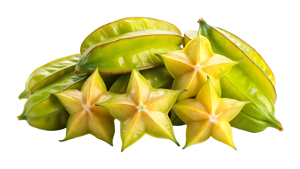 Fresh carambola fruit pile with yellow stars shapes and green skins isolated