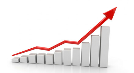 Ascending bar chart with red arrow, showcasing upward trend, symbolizing growth, success, and progress in business