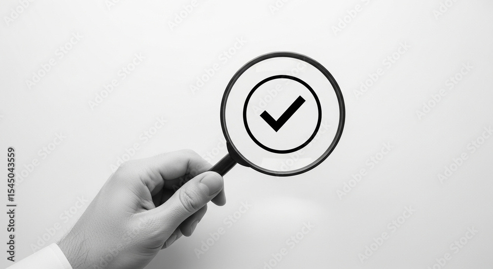 Aufkleber a hand holding a magnifying glass focusing on a check mark symbol on a white background image