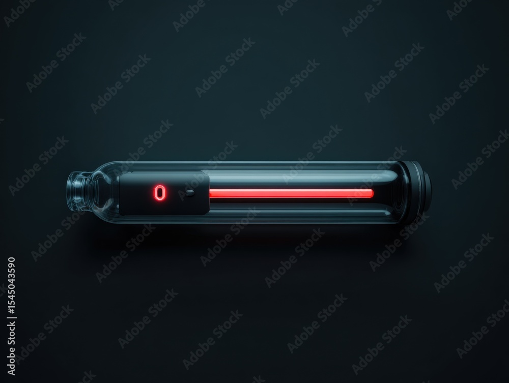 Poster Futuristic cylindrical device with digital display and glowing red light on black background with minimalistic design