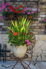 clay pot with flowers on old chair