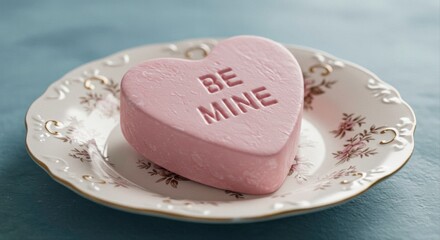 Sweet Sentiment: A Heart-Shaped Candy with a Romantic Message on a Vintage Plate