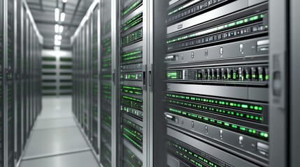 Modern Data Center Infrastructure with High-Performance Servers and Network Racks in Storage Rooms
