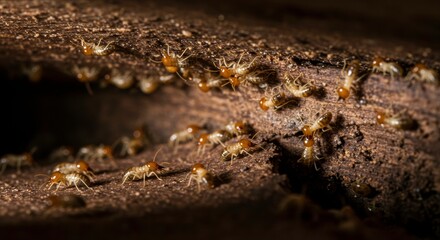 Fototapeta premium Termites infesting and destroying wood in a dark environment highlighting the damage they cause