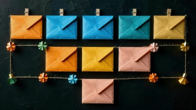 Colorful paper envelopes arranged neatly in a grid with origami decorations on strings against a dark background.