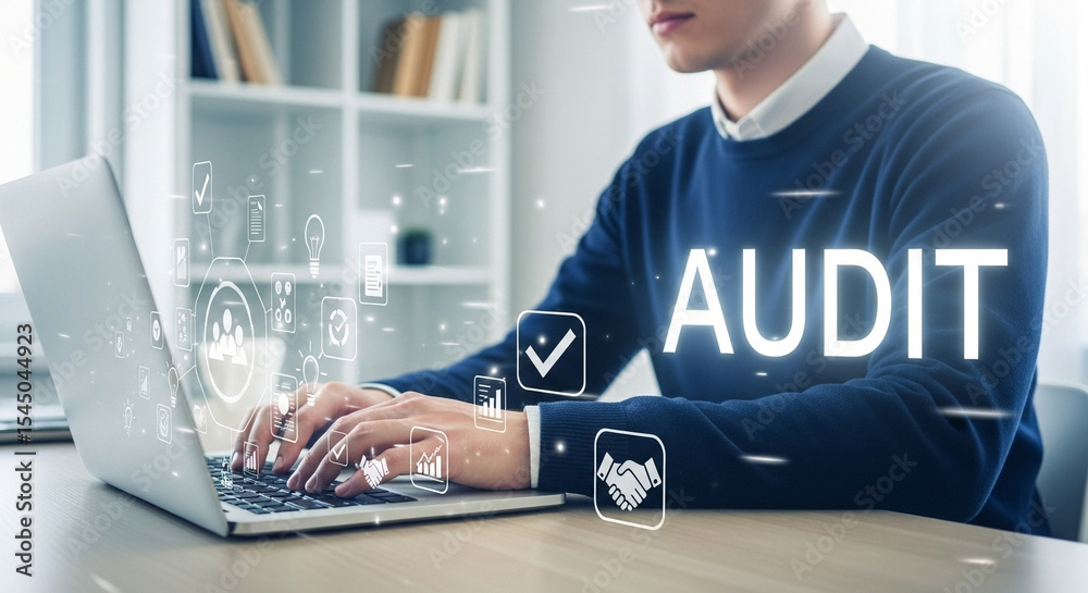Poster Man typing on laptop with audit overlay and business icons in a bright office setting seen up close