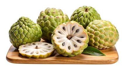 A vibrant composition of ripe Sugar Apples and cross section on a wooden board