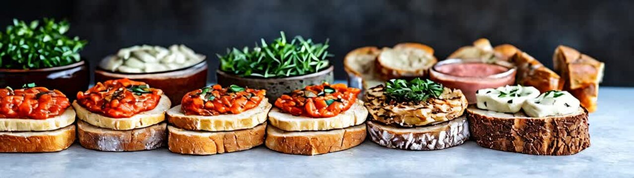 Many different types of breads with different toppings food background