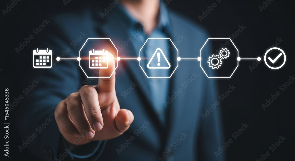 Aufkleber Finger touching digital calendar icon in workflow diagram with suit jacket in the background