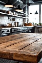 Empty Wooden Table in a Professional Restaurant Kitchen Ready for Culinary Creations