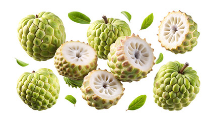 Delicious and Fresh Custard Apples Displayed on a White Background with Green Leaves