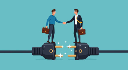 Strategic Partnership Businessmen Shaking Hands on Connecting Plugs